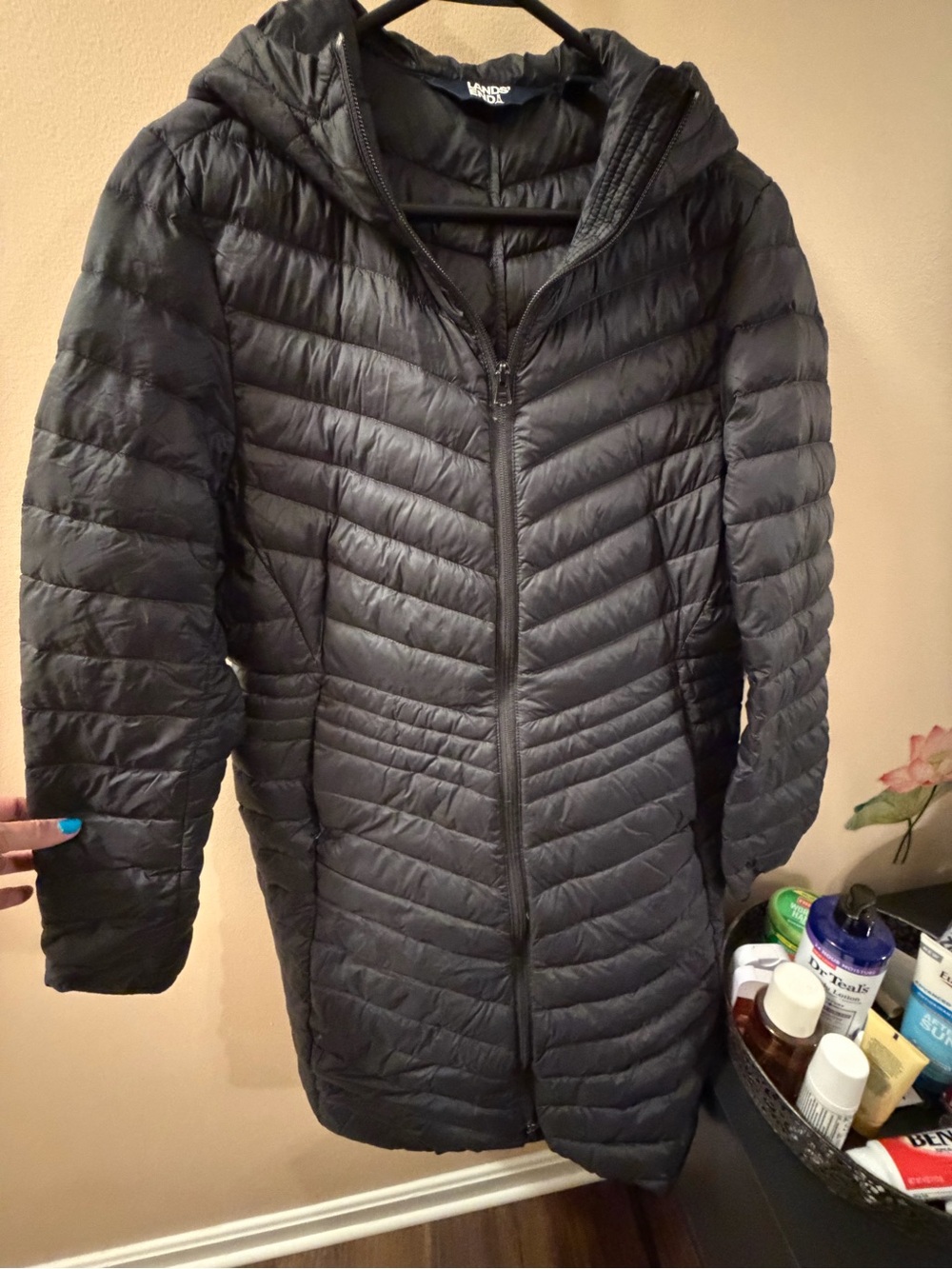 Lands' End Long Black Packable Down Jacket with Hood size L